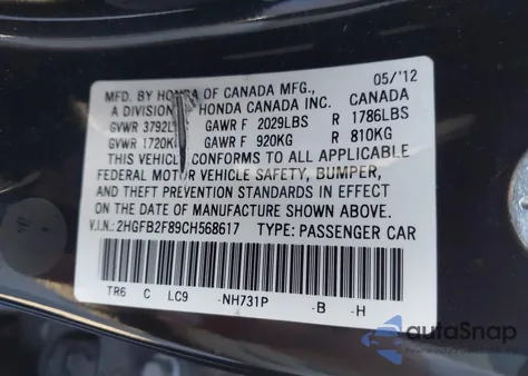 2012 Honda Civic Ex z USA, uszkodzony, nr VIN 2HGFB2F89CH568617